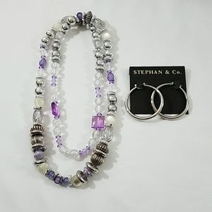 🆕 Purple Beaded Necklace and NWT Silver Earrings